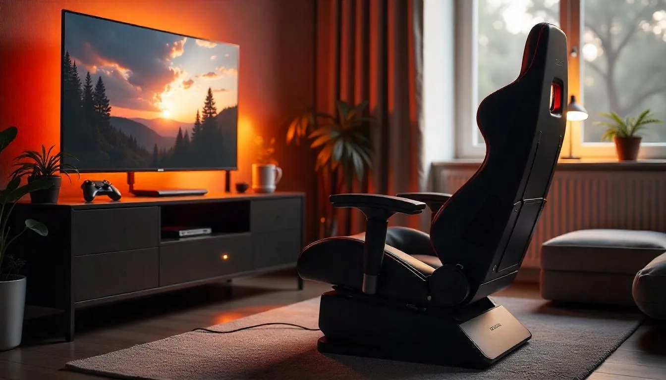 Create a high-resolution feature image for a console gaming chair guide. Depict a modern, immersive console gaming setup featuring a sleek, ergonomic gaming chair with built-in audio and adjustable features, alongside a large screen TV, gaming controllers, and ambient LED lighting. Emphasize comfort, innovation, and a futuristic design tailored for console gamers.